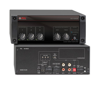 RDL HD-MA35 AMPLIFICATEUR/MELANGEUR 35W, 4/8 Ohm, 3 canaux, 2x double RCA (phono), 1x bornier