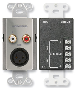 RDL DS-J3 AUDIO INTERFACE Input, 3-pin XLR/dual RCA in, stainless steel