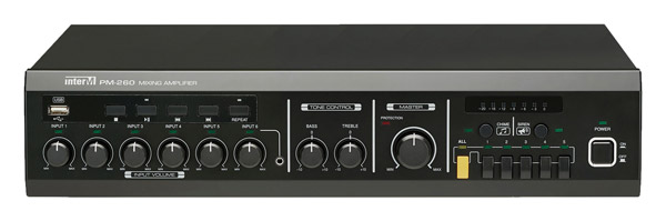 INTER-M PM260 AMPLI MÉLANGEUR 1x 600W, 70/100V/Low-Z, 6 entrées, entr.USB, carillon/sirène
