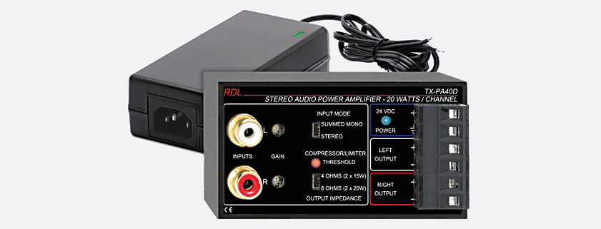 RDL TX-PA40D AMPLIFICATEUR DE PUISSANCE 2x 20W/8, 2x 15W/4, avec alim.  PS-24V3